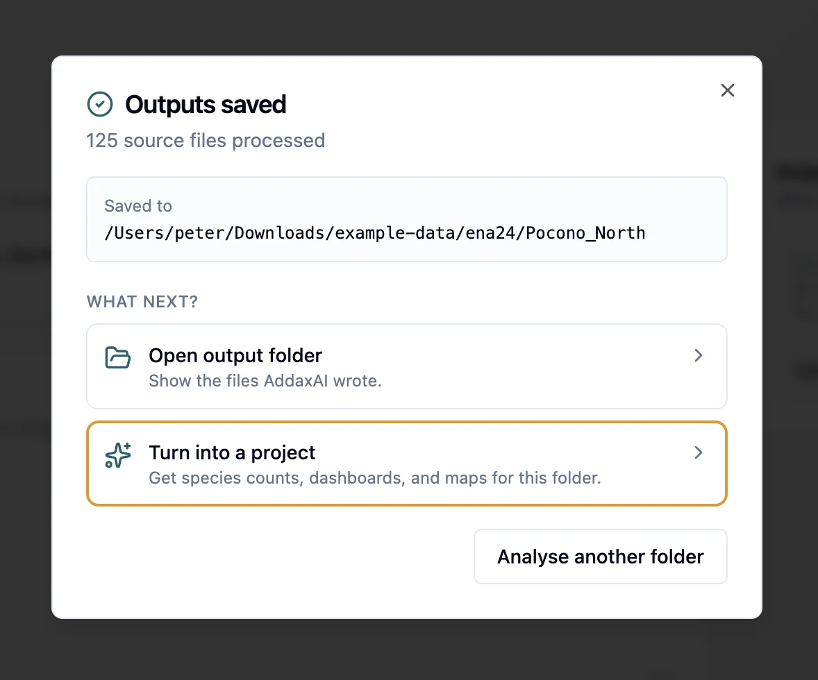 Folder run finished: open the output folder, or turn it into a project
