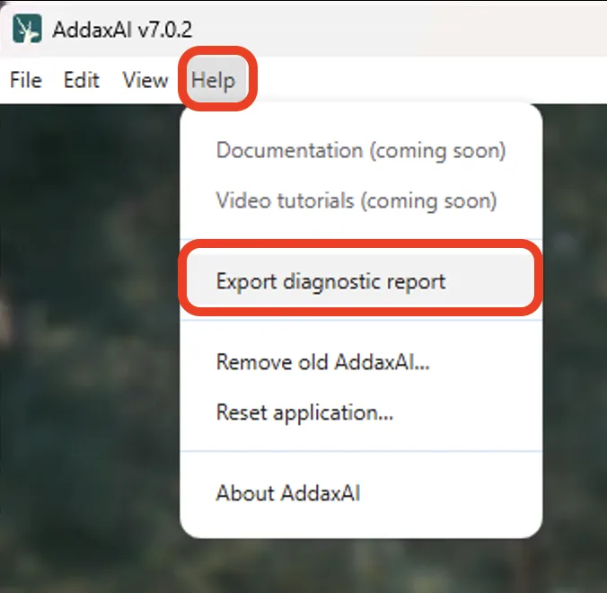 The Help menu with Export diagnostic report highlighted