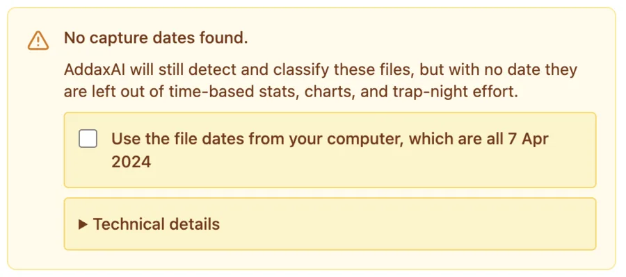 The no capture dates warning, with a checkbox to use the file dates from your computer