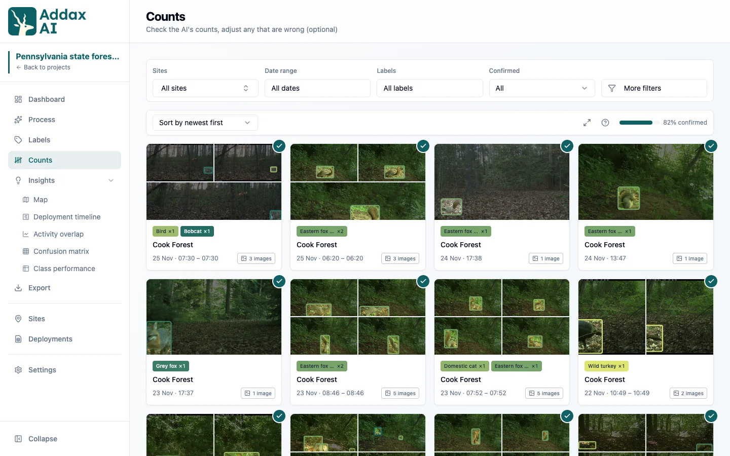 Counts page: how many animals of each species were seen per event