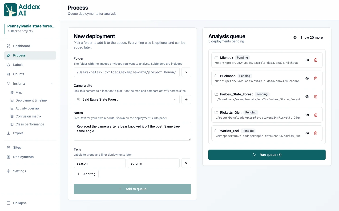 Process page: a new deployment being added and five waiting in the queue