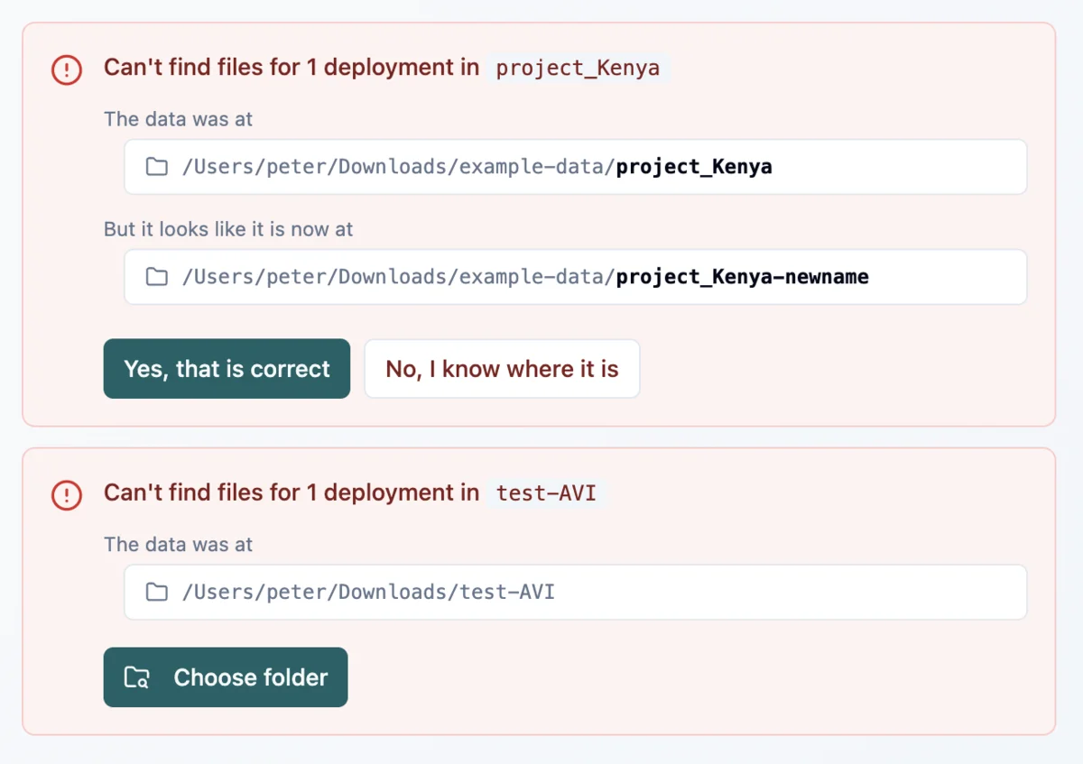 Two messages about missing folders. The first suggests a renamed folder and asks you to confirm, the second offers a button to choose the folder yourself