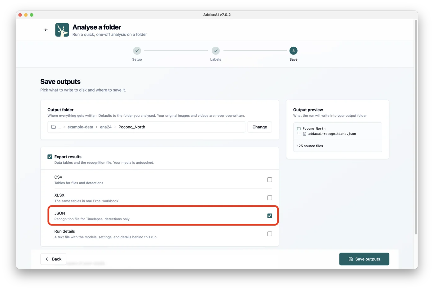 The JSON recognition file option in the save step