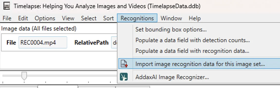The Import image recognition data item in Timelapse's Recognitions menu