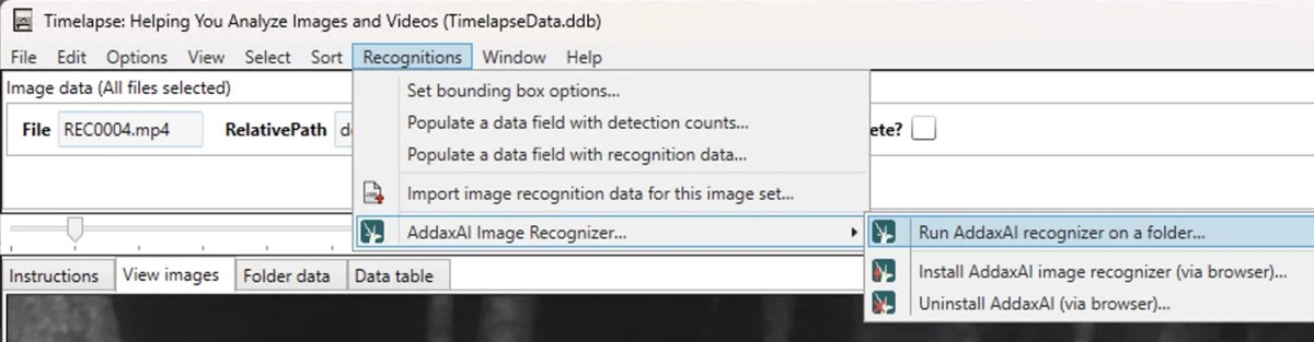 The AddaxAI recognizer in Timelapse's Recognitions menu